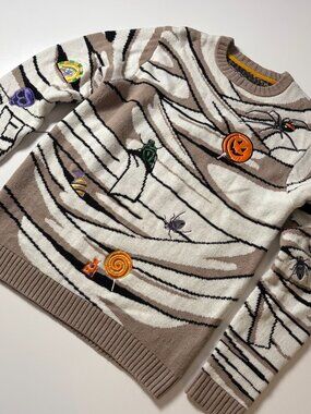 Blizzard Bay Halloween Mummy Graphic Knit Sweater w/ Spooky Embroidered Patches